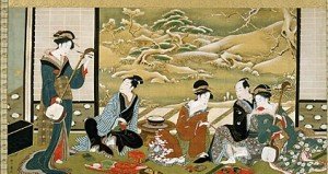 Un gruppo di Geishe intrattengono gli ospiti suonando e bevendo tè.